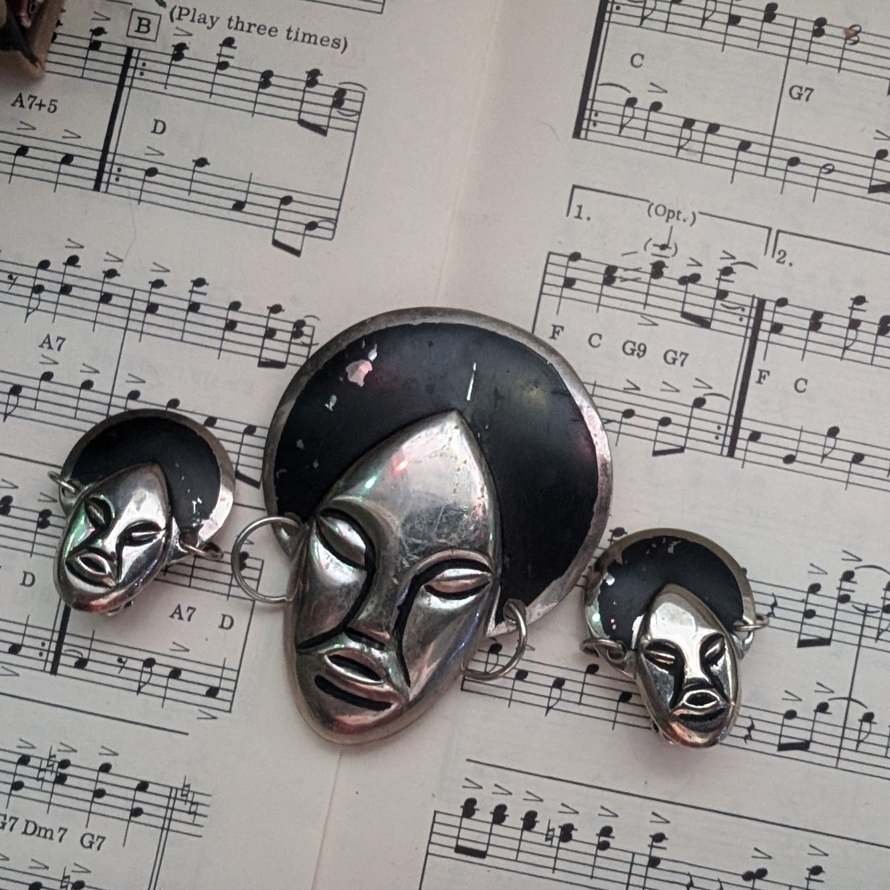 Vintage Silver and Black Tribal Mask Brooch and Earrings Set